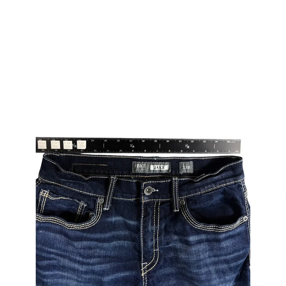 BKE Jake Jeans Mens 33R Blue Denim Dark Washed Faded Rugged Stretch Straight Leg